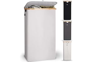 HENNEZ - Kosz na pranie 100 l - Duży pojemnik na pranie - Składany kosz na pranie z pokrywką - Wyjmowany worek na pranie bawełniany - Pojemnik z przegródkami beżowy - Kosz do sortowania z bambusa