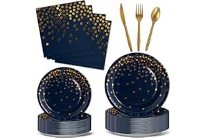 Nkaiso Party Tableware 144 Pieces Navy Blue Gold Kids Birthday Party Plates Party Supplies Set Includes Paper Plates Napkins Cutlery for Birthday Decorations Christening Wedding Shower-24 Guests