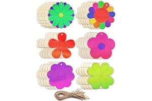 Cinvo 30 piezas de flores de madera con recortes florales de 7 cm, adornos de flores para pintar proyectos de bricolaje y decoración (6 estilos de flores con 30 cuerdas para colgar)