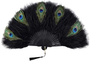 BABEYOND ArtiDeco - Abanico de plumas de marabú de los años 20, plegable, abanico de mano para fiesta Gatsby vintage de los años 20 (pavo real costillado negro)