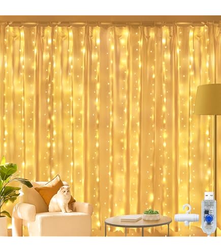 LED-lichtgordijn - 3m x 3m 300 LED Gordijn licht Fairy String Lights Waterdicht, 8 Modi Afstandsbediening met USB-aansluiting voor binnen, tuin, feest, bruiloft, slaapkamer, decoratie (warm wit