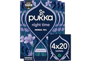 Pukka Herbs, Night Time Organic Herbal Sleep Tea Box, Chamomile, Lavender, Oat Flower, & Limeflower, Natural For Bedtime Relaxation, Caffeine Free, 4 Packs, 80 Plant Based Biodegradable Tea Bags