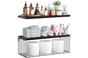 ausyde Floating Shelves Wall Mounted with Storage Basket, Bathroom Shelves for Wall,Rustic Wood Shelves for Bedroom,Living Room,Kitchen,Wall Decor,Plants,Books (Black)
