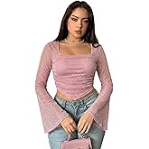 Istyle Can Women Solid Lurex Mesh Crop Top | Ruched Slim Fit | Square Neck | Long Bell Sleeve Top