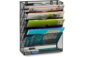 TQVAI - Organizador de documentos, archivos, revistas o carpetas con 6 apartados en forma de bandeja y hecho de malla con tamaño A4 para colgar en pared, negro