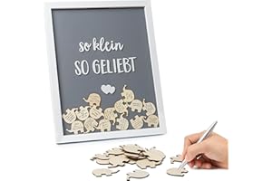 KNECKES Wünsche Bilderrahmen aus Holz | Babyparty Gästebuch Mädchen & Jungen | Gästebuch und Geschenk Babyparty | Baby Shower | Gästebuch für Geburtstag & Taufe | Babyshower Deko mit Holz-Elefanten