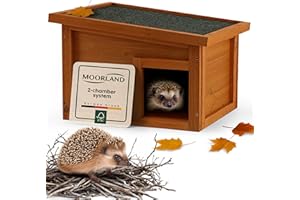 Moorland Weatherproof Hedgehog House UK 40×34 cm– Large Hibernation House Feeding Station Outdoor Hedgehog Houses for Garden FSC Wood, with Floor, Ventilated Labyrinth Entrance & Removable Roof – IH1
