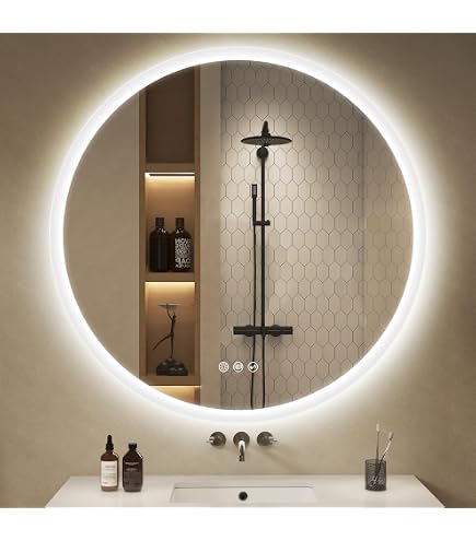 Miroir de salle de bain LED rond 90 cm avec rétro-éclairage, tricolore