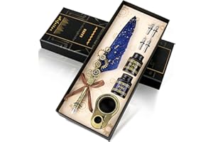 MPRINCE Quill Pen Ink Set,Calligraphy Pen Set,Includes Feather Pen,2 Bottles of Color Ink, 2 in one Holder, 4 Stainless Steel nibs, Black Gift Box-Blue
