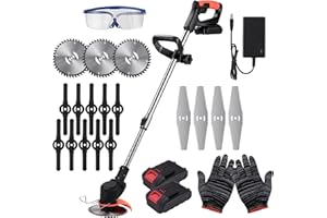 DJROLL Cordless Grass Trimmer with Charger and 2 Lithium Battery, 21V Electric Garden Strimmer with 17 Blades, Adjustable Telescopic Lawn Edger for Clearing Shrub Weeds Flower, Orange