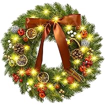 Couronne De Noël Lumineuse Pour Porte - 45x45 Cm, Avec LED, Ruban, Père Noël, Guirlande Artificielle, Décoration Intérieur/extérieur