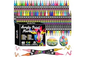 VividHues 120 Couleurs 60 Feutres Acrylique - Dual Tips Marqueur Acrylique à Pointe Pinceau, Acrylic Paint Marker Feutres Acryliques pour Peinture sur Bois, Toile, Verre, Céramique, DIY