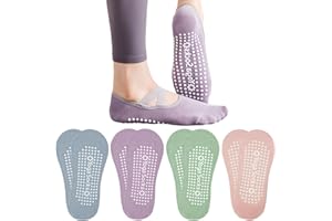 FANTASYON 4 Paia Calzini Antiscivolo Yoga Donna, Calzini Yoga Grip Calzino da Allenamento Impugnature e Cinghie Antiscivolo per Yoga Pilates Barre Danza Fitness