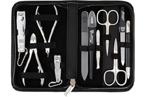 DREI SCHWERTER - Germany Spezia - Juego de manicura (11 piezas, estuche de piel auténtica), color negro | Contenido: tijeras para cutículas, tijeras para uñas, cortaúñas, cortaúñas, pinzas para la