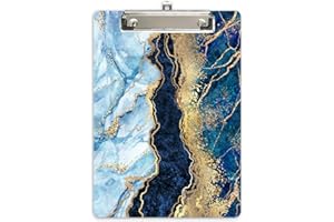 Hnogri Plastic Clipboard A4, Fashion Design A4 Letter Size Clipboards & Forms Holders for Office Supplies Lawyers,School Students and Kids, Low Profile Clip Cute Clipboard Folder, Blue Gold