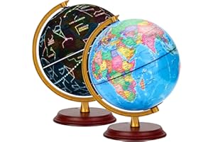 Exerz Mappamondo illuminato diametro 20 cm base in legno - mappa in italiano - mappa politica (giorno) – costellazione stelle (notte)