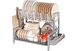 BOOSINY Égouttoir à vaisselle à 2 niveaux et égouttoir en acier inoxydable pour comptoir de cuisine, passoire à vaisselle avec porte-gobelet (gris)