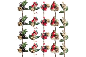 VKTY Christmas Floral Arrangement, 20 Pcs Christmas Artificial Pine Cones Berry Stems Decor Bouquets, Mini Stimulation Red Berries Branches for Xmas Flower Arrangements Wreaths Decorations