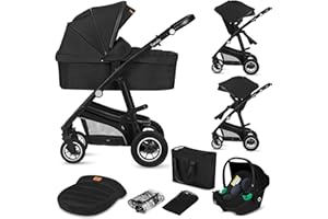 LIONELO BIANKA Cochecito de Bebé 3 en 1 (22 kg) Portabebés (9 kg) Silla de Coche (13 kg), Plegable, Sistema de Viaje Respaldo Ajustable Ruedas 360o Amortiguación, Capota XXL, Carrito de Bebe (Black)