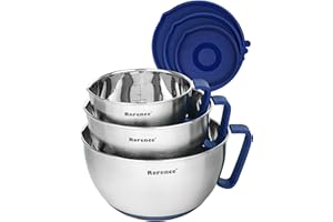 Rorence Ensemble de bols à mélanger avec couvercles bols à mélanger en acier inoxydable avec poignées, fond antidérapant et bec verseur - Bleu