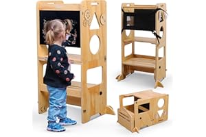 Olvy Kids 3-en-1 Tour d'apprentissage Montessori – Tabouret en Bois Pliable – Marchepied Enfant 3 Marches – Tour d’Observation Sécurisée – Escabeau Montessori dès 1 an