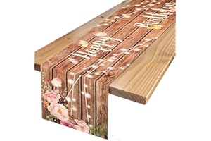 HANRUNSI Tischläufer Geburtstag Braun Blume Weiß Lichter Glücklicher Tischläufer Geburtstag Feiern Tischläufer Frühling Sommer Tischläufer Urlaub Essen Geburtstag Tischdecke Dekoration für Frauen 40x140cm