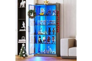 Gurexl 65" Display Cabinet with Acrylic Door,5-Tier Bookcase with Human Sensor 3-Color Lights,LED Curio Storage Cabinet with Adjustable Shelf for Collectibles,Bedroom,Living Room,Office,Gray