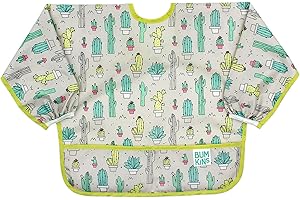 Bumkins Sleeved Bib, Handy Tie Closure for Custom Fit, Catch-All Pocket, Baby-Led Weaning, Waterproof, Machine Washable, Stain & Odour Resistant, BPA Free, 6-24 Months, Cacti Design
