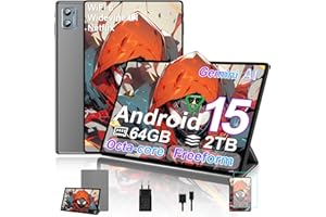 SUAAT Tablette Android 15 avec 64Go ROM +2TB TF Extensible, Freeform,10 Pouces,WiFi 6, 8-Cores, Gemini AI, GMS, 8MP+5MP, Widevine L1, Play Store, Tablette Tactile | Etui-Gris