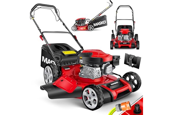 MASKO® Tondeuse à Essence 5 en 1 Roue motrice Fonction de Nettoyage, Largeur de Coupe 51cm, EasyClean Fonction Mulching Éjection latérale Largeur de Coupe élevée Réglage de la Hauteur de Coupe