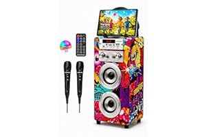 Dynasonic Karaoke Portable Bluetooth Speaker, 2 Microphones, USB/SD/AUX, LED Lights, Rechargeable Battery, Gift for Children, Communion, Birthday and Parties