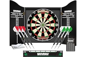 WINMAU Juego de Dardos Profesional Que Incluye Diana de cerdas Diamond Plus, gabinete Negro, 2 Juegos de Dardos, línea Oficial Oche