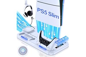 HEYLICOOL PS5 Slim Stand and Cooling Station with Dual Controller Charging Station for Playsation 5 Slim Disc/Slim Digital Console,PS5 Slim Accessories with 3 Levels Cooling Fan & Headset Holder