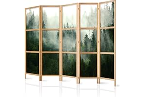 decomonkey 5 panel Room Divider - 89" x 68" / 225 x 171cm Forest in the Mist Decorative Privacy Screen for Room Separation Home Office Spa