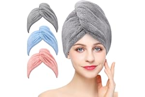 Laicky 3 Pack Microfiber Hair Drying Towel Wrap Super Absorbent Twist Turban Fast Dry Hair Caps with Buttons Bath Loop Fasten Salon Dry Hair Hat (Gray Pink Blue)