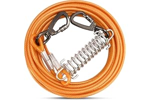 ZZOHAA Orange Dog Tie Out Cable with Spring Swivel Lockable Hook,Heavy Duty Dog Chains for Outside Pet Runner Cable Leads for Yard Camping for Dogs Up to 500 LB（9m）