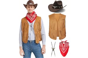 Firecos Costume da Cowboy per Uomo Cosplay con Gilet a Frange Cappello Bandana Collana Vintage per Carnevale Hippie Costume Set per Adulti