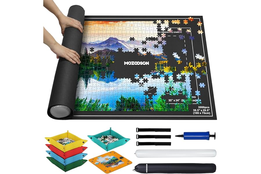 MOZOOSON Jigsaw Mat - Felt Puzzle Roll Up Mat for 2000/1500 / 1000 Pieces, Jigsaw Accessories, Puzzle Mat for Storage and Move (46.4 x 31.5 inches) - 6 Storing Trays