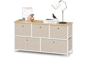 ‎WEEU Kommode mit 5 Schubladen aus Stoff Sideboard Metall Schubladenschrank TV Schränke Organizer Kleideraufbewahrung Beistelltisch für Flur Schlafzimmer Küche Wohnzimmer Büro Stahl Holz Weiß & Beige