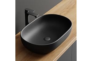 ‎PLANETMÖBEL Planetmöbel Aquil Deluxe Waschbecken Oval | Aufsatzwaschbecken für Badezimmer und Gäste-WC | Handwaschbecken ohne Hahnloch und Überlauf | Schwarz matt, 60 x 40 x15 cm