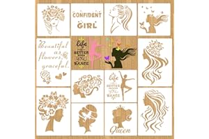 VETPW 12 Piezas Mujeres Stencil Plantillas Inspirador Letras Pintura Template, Reutilizable Flores Rostro Femenino Plantilla Kit, DIY Dibujo Plantilla para Pintar Madera Pared Bullet Inicio Decoración