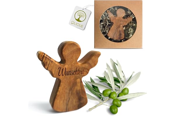 OLIQUE Ange Gardien en Bois d'Olivier - Figurine Artisanale Faite Main Idéale comme Cadeau pour Naissance, Baptême, Communion et Confirmation (Avec Gravure)