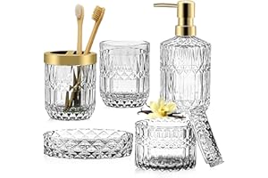 TeamSky Bathroom Accessories Set, 5PCS Glass Set, Includes Soap Dispenser, Soap Dish, Toothbrush Holder, Tumbler and Jar, Stylish Modern Bathroom Decor (Transparent)