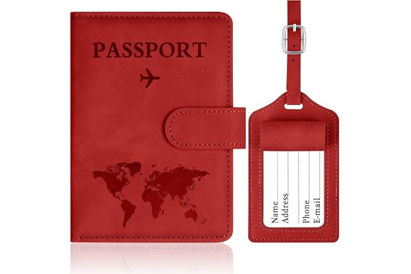 OFFCUP Passhållare och bagageetikettsats, PU-läder Passhållare med Bagageetikett, RFID Passfodral, Modell för män och kvinnor för kreditkort och ID-kort, Röd, Minimalistisk