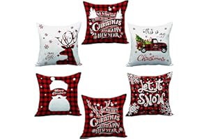 AMLOOPH Christmas Cushion Covers Set Of 6, Christmas Decorations Indoor Decor Red Black Strip Tartan Sofa Cushion Covers 45 X 45 cm Soft Plush Christmas Throw Pillow Covers Cases For Xmas Decorations
