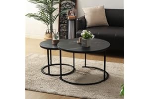 BIGTREE Couchtisch Rund, Satztisch 2er Set, Couchtisch aus Holz, Wohnzimmertisch Modern, Beistelltisch Set mit Metallgestell für Wohnzimmer Balkon Büro (Schwarz)