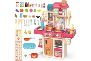 KalaDuck Cocinita Infantil 3 años, 42Piezas Cocina Juguete con Fregadero, Accesorios Cocina, Vapor, Horno y Comida Juguete, Juego de rol de Cocina Niños Niñas (Rosa)