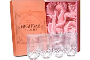 GLASSIQUE CADEAU Copas de cóctel vintage Art Deco Highball Gatsby, juego de 4, cristalería doble HiBall de 14 onzas para beber mojito, gin rickey, whisky, bebidas clásicas de barra larga, vasos grandes y altos