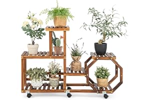 COSTWAY Regał na rośliny, regał na kwiaty, stojak na kwiaty na kółkach, do ogrodu, na kwiaty, schodki na rośliny, wielopoziomowy, drewniany regał na rośliny, na balkon, do ogrodu, na taras (107 x 29 x 74 cm)