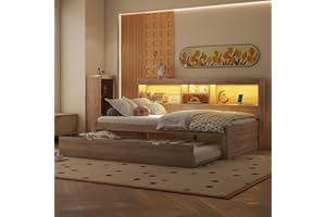 Gegtuon Kinderbett Einzelbett Holzbett 90x200 cm mit LED-Licht & USB-Buchse für Kinder, Jugendbett mit Ausziehbares Bett und Stauraum Regal, Bettgestell mit Lattenrost aus Holz, ohne Matratze, Natur